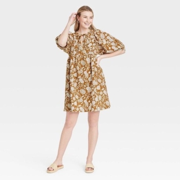 Universal Thread Dresses & Skirts - Universal Thread Mustard Cream Floral Dress Pockets 100% Cotton Size Medium M